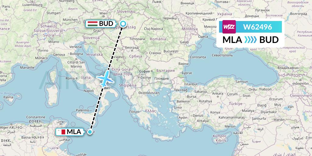 W62496 Wizz Air Flight Map: Malta to Budapest