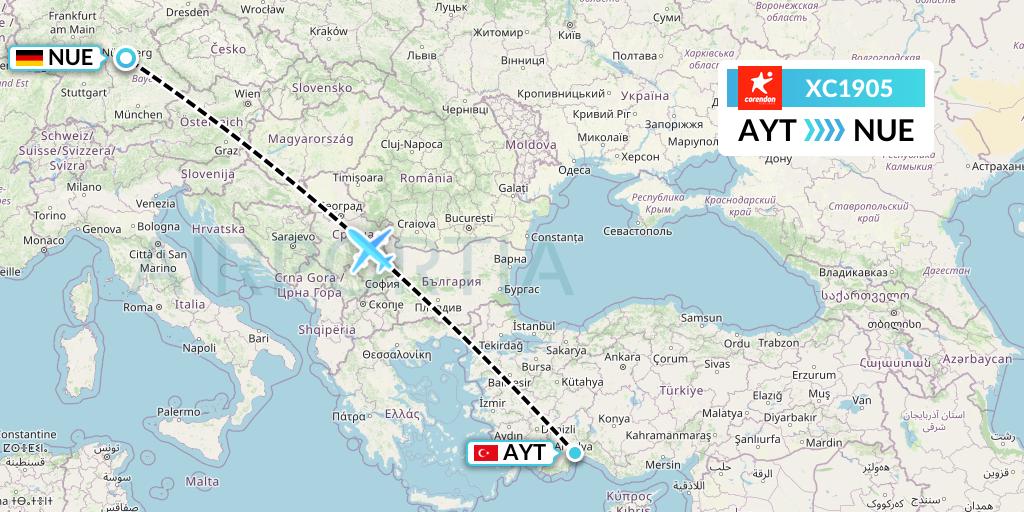 XC1905 Corendon Airlines Flight Map: Antalya to Nurnberg