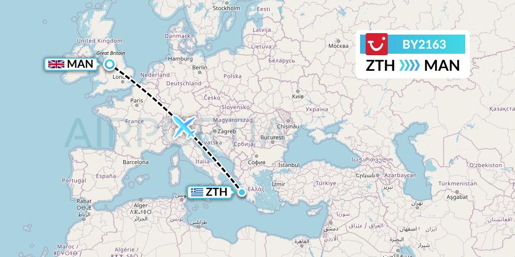 BY2163 TUI Airways Flight Map: Zakynthos to Manchester