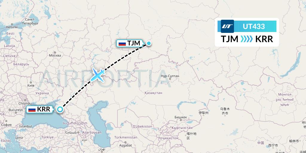 UT433 UTair Flight Map: Tyumen to Krasnodar