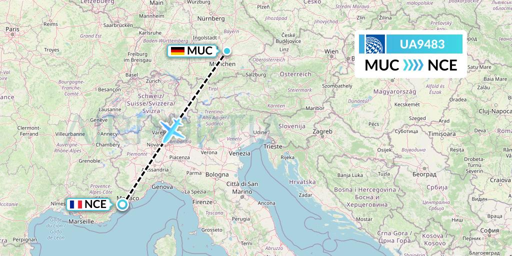 UA9483 United Airlines Flight Map: Munich to Nice