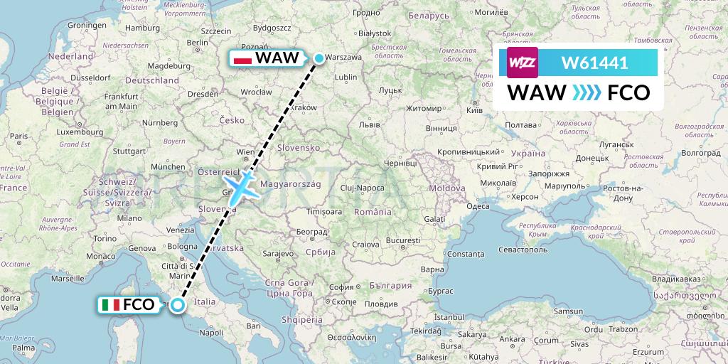 W61441 Wizz Air Flight Map: Warsaw to Rome
