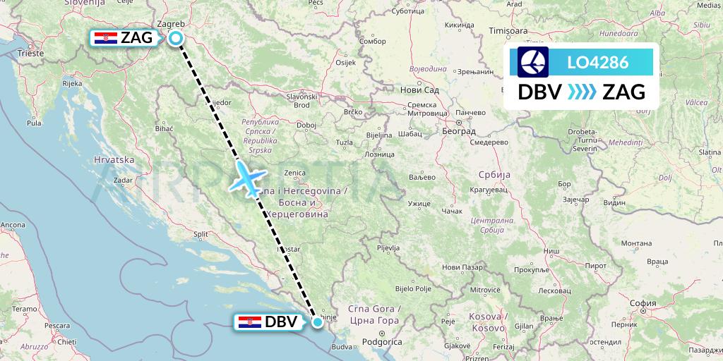 LO4286 LOT Flight Map: Dubrovnik to Zagreb