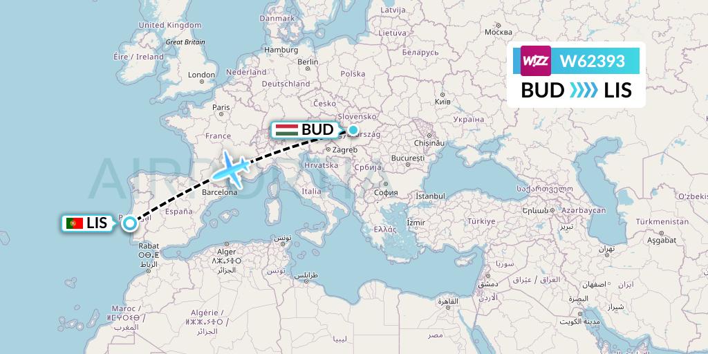 W62393 Wizz Air Flight Map: Budapest to Lisbon