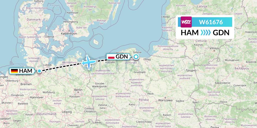 W61676 Wizz Air Flight Map: Hamburg to Gdansk