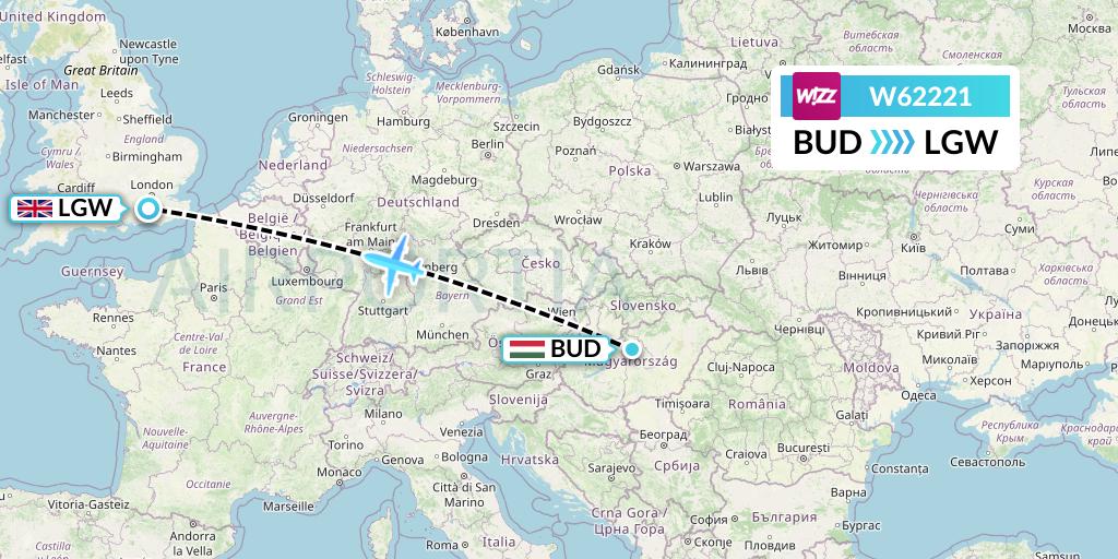 W62221 Wizz Air Flight Map: Budapest to London