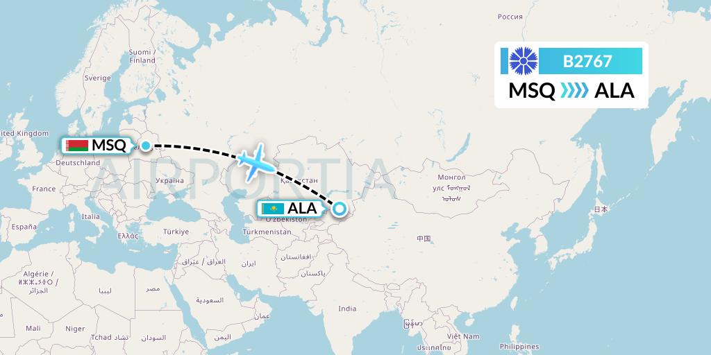 B2767 Belavia Flight Map: Minsk to Almaty