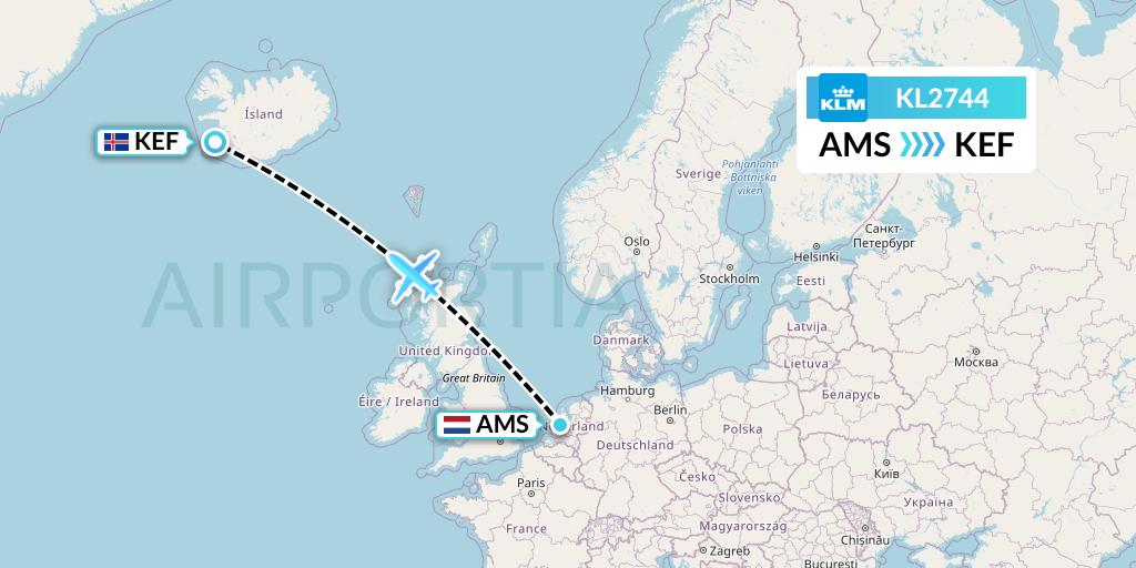 KL2744 KLM Flight Map: Amsterdam to Reykjavik