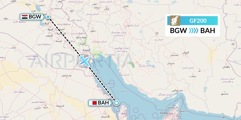 GF200 Gulf Air Flight Map: Baghdad to Bahrain