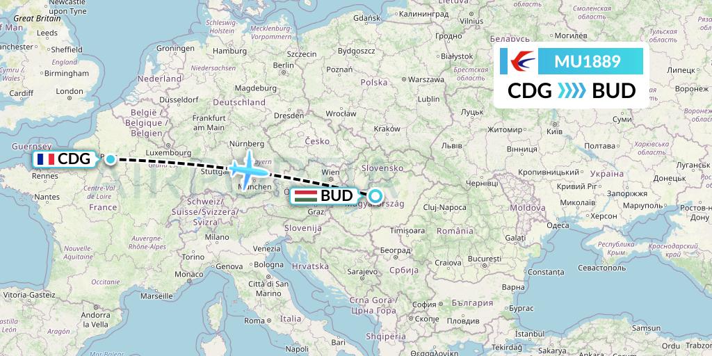 MU1889 China Eastern Airlines Flight Map: Paris to Budapest