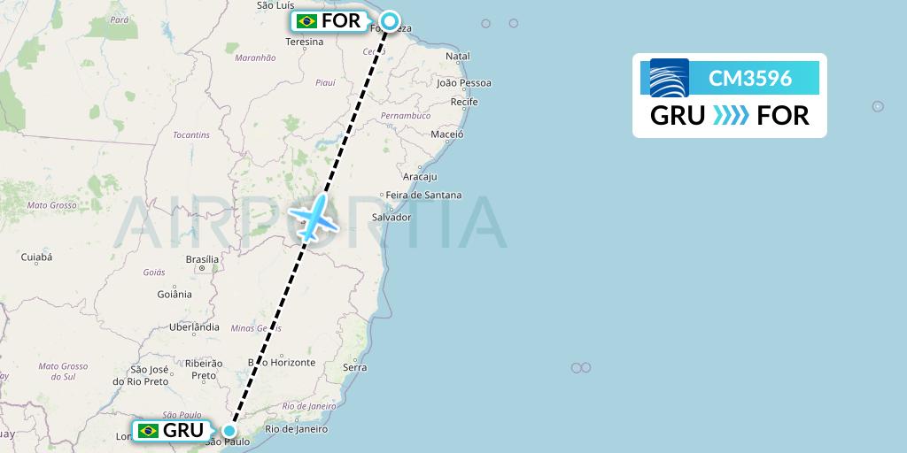 CM3596 Copa Airlines Flight Map: Sao Paulo to Fortaleza