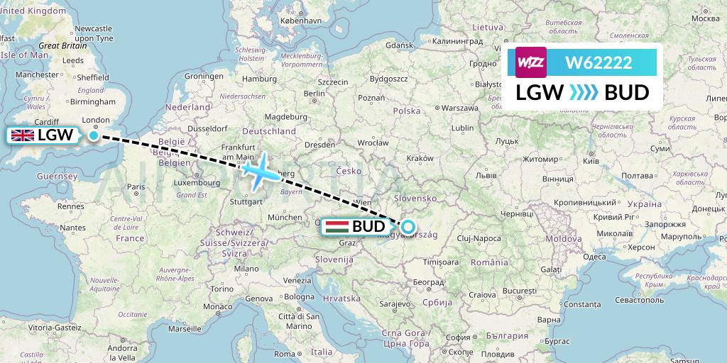 W62222 Wizz Air Flight Map: London to Budapest