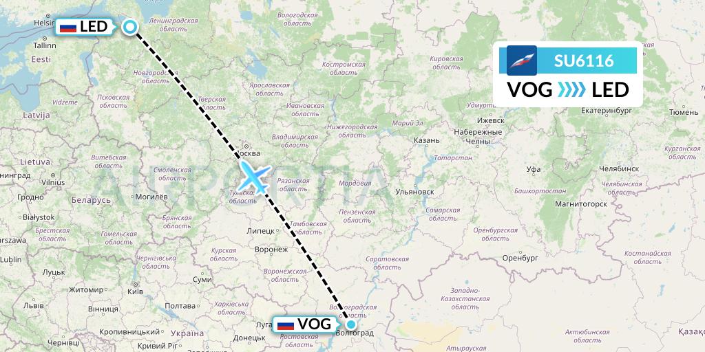 SU6116 Aeroflot Flight Map: Volgograd to St. Petersburg