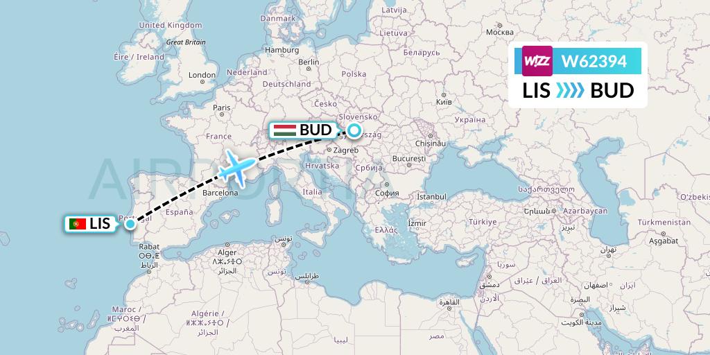 W62394 Wizz Air Flight Map: Lisbon to Budapest