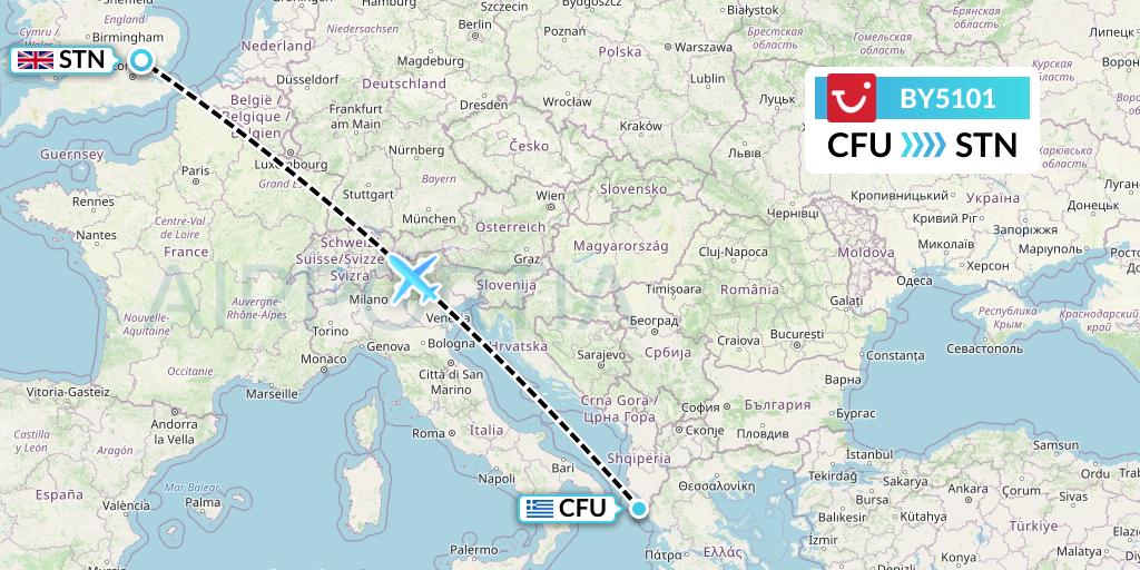 BY5101 TUI Airways Flight Map: Corfu to London