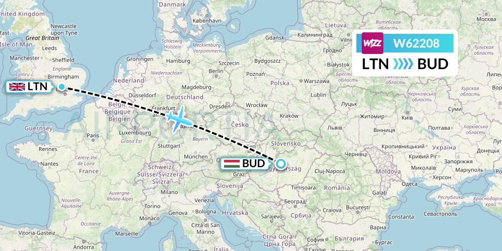 W62208 Wizz Air Flight Map: London to Budapest