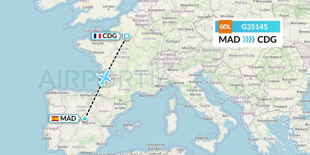 G35145 GOL Transportes Aeros Flight Map: Madrid to Paris
