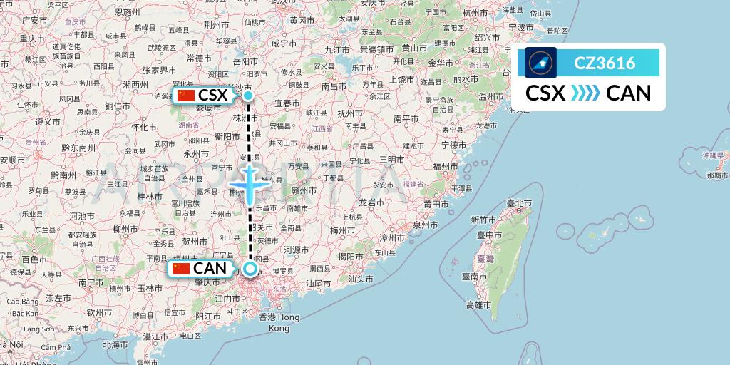 CZ3616 China Southern Airlines Flight Map: Changsha to Guangzhou