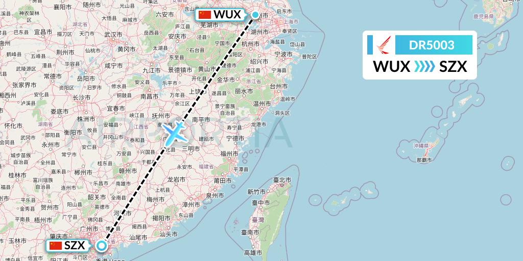 DR5003 Ruili Airlines Flight Map: Wuxi to Shenzhen
