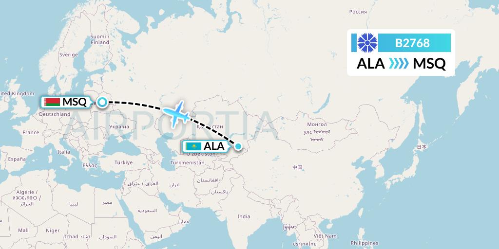 B2768 Belavia Flight Map: Almaty to Minsk
