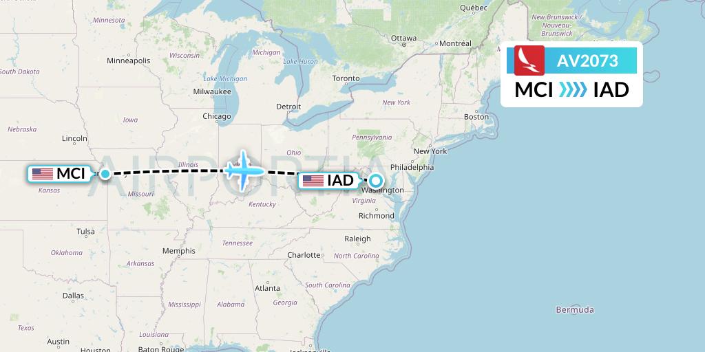 AV2073 Avianca Flight Map: Kansas City to Washington