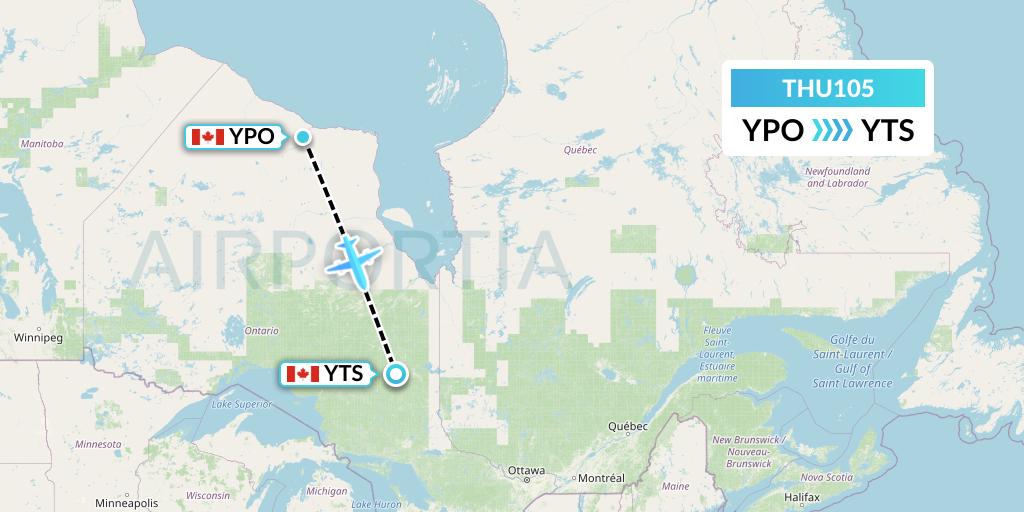 THU105 Thunder Airlines Flight Map: Peawanuck to Timmins