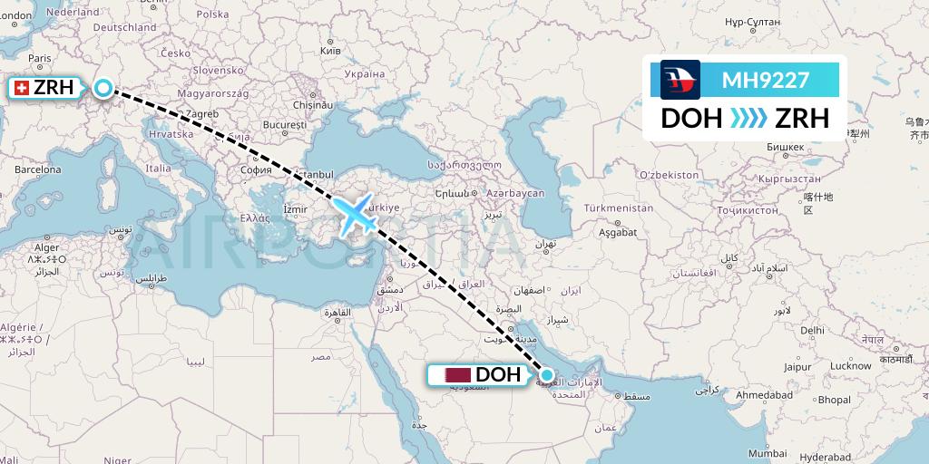 MH9227 Malaysia Airlines Flight Map: Doha to Zurich