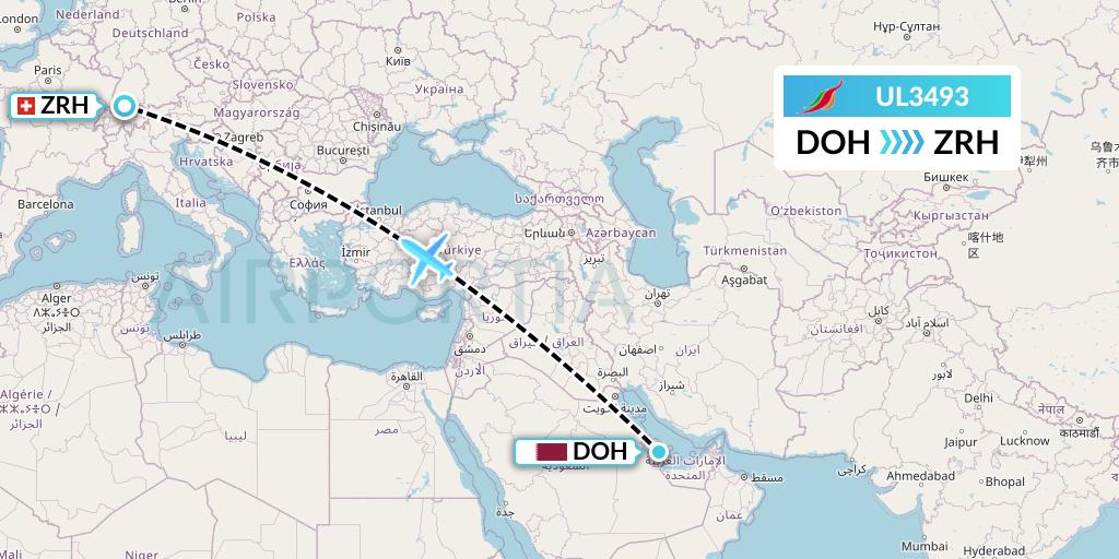 UL3493 SriLankan Airlines Flight Map: Doha to Zurich