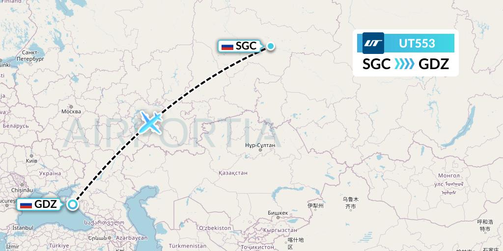 UT553 UTair Flight Map: Surgut to Gelendzhik