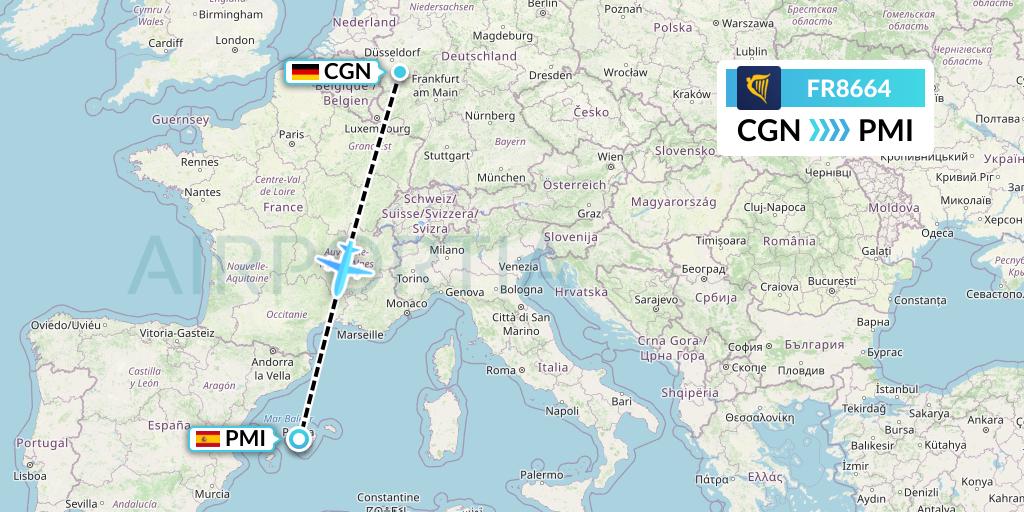FR8664 Ryanair Flight Map: Cologne to Palma de Mallorca
