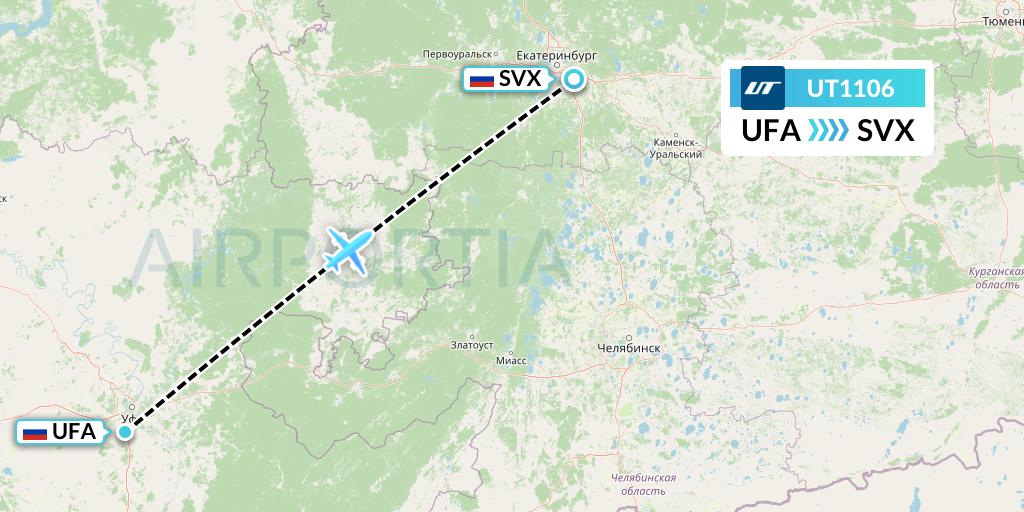 UT1106 UTair Flight Map: Ufa to Yekaterinburg