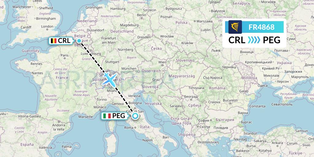 FR4868 Ryanair Flight Map: Brussels to Perugia