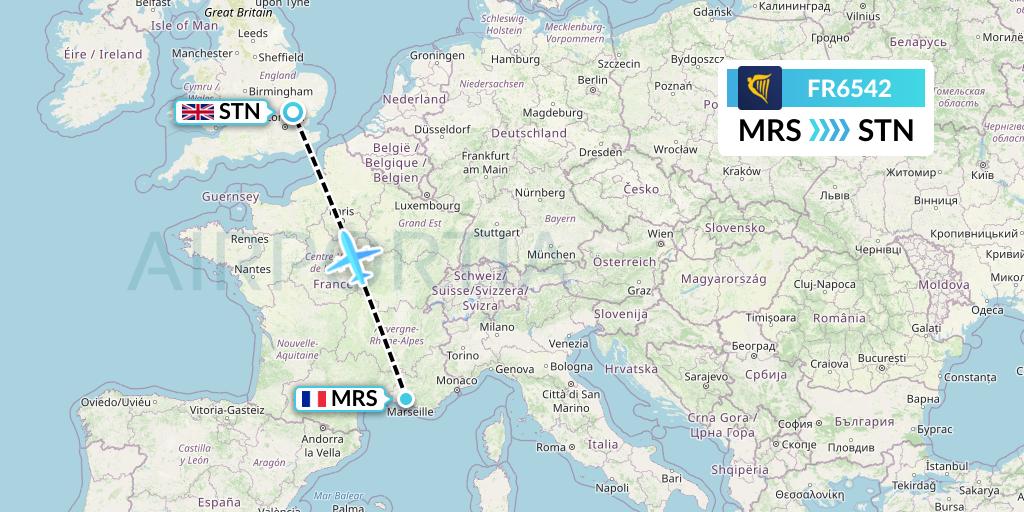FR6542 Ryanair Flight Map: Marseille to London