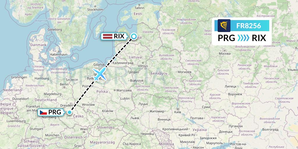 FR8256 Ryanair Flight Map: Prague to Riga