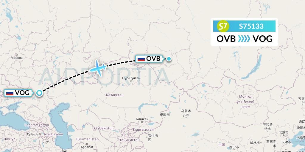 S75133 S7 Airlines Flight Map: Novosibirsk to Volgograd