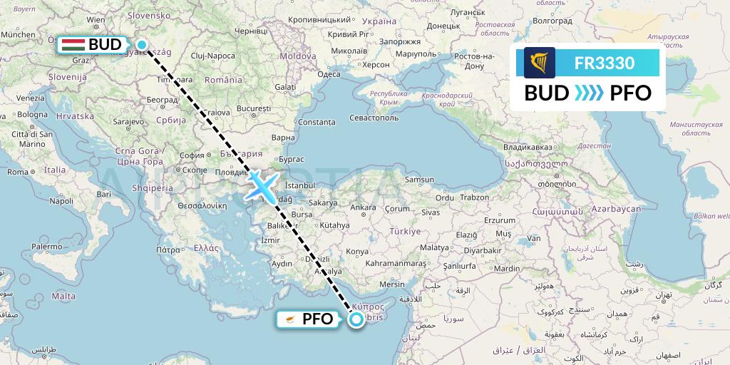 FR3330 Ryanair Flight Map: Budapest to Pafos
