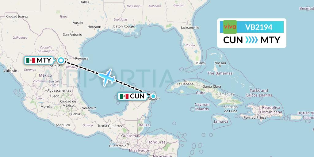 VB2194 VivaAerobus Flight Map: Cancun to Monterrey