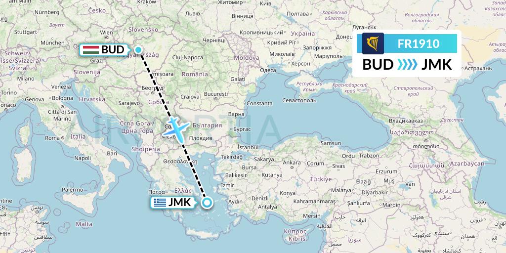 FR1910 Ryanair Flight Map: Budapest to Mykonos