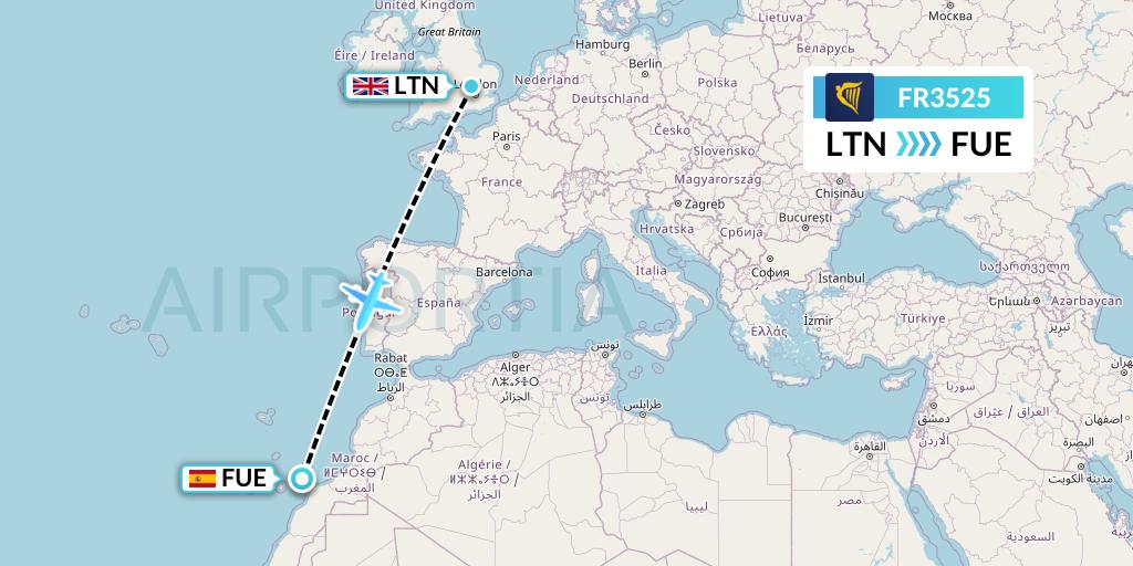 FR3525 Ryanair Flight Map: London to Fuerteventura