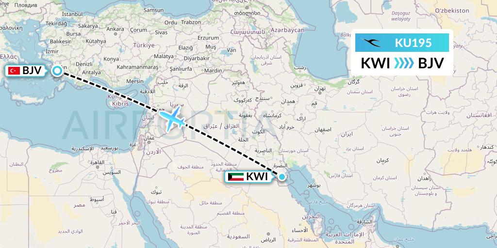 KU195 Kuwait Airways Flight Map: Kuwait City to Bodrum