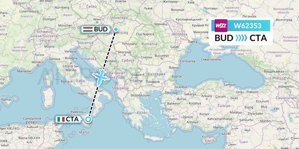 W62353 Wizz Air Flight Map: Budapest to Catania