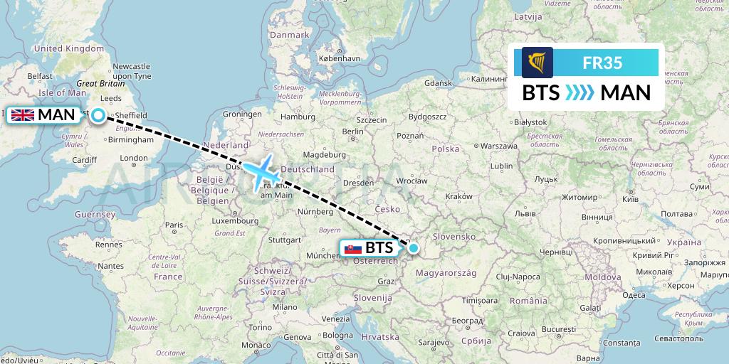 FR35 Ryanair Flight Map: Bratislava to Manchester