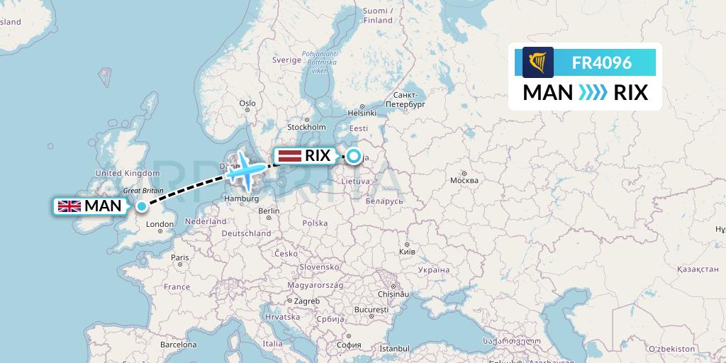 FR4096 Ryanair Flight Map: Manchester to Riga