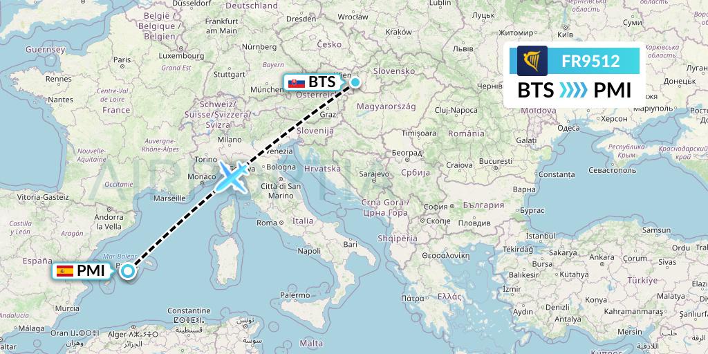 FR9512 Ryanair Flight Map: Bratislava to Palma de Mallorca