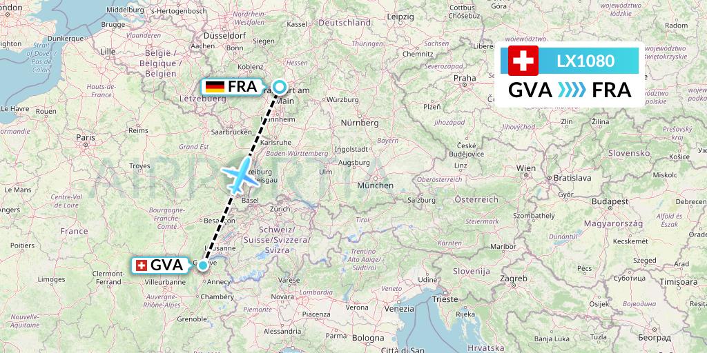 LX1080 Swiss Flight Map: Geneva to Frankfurt