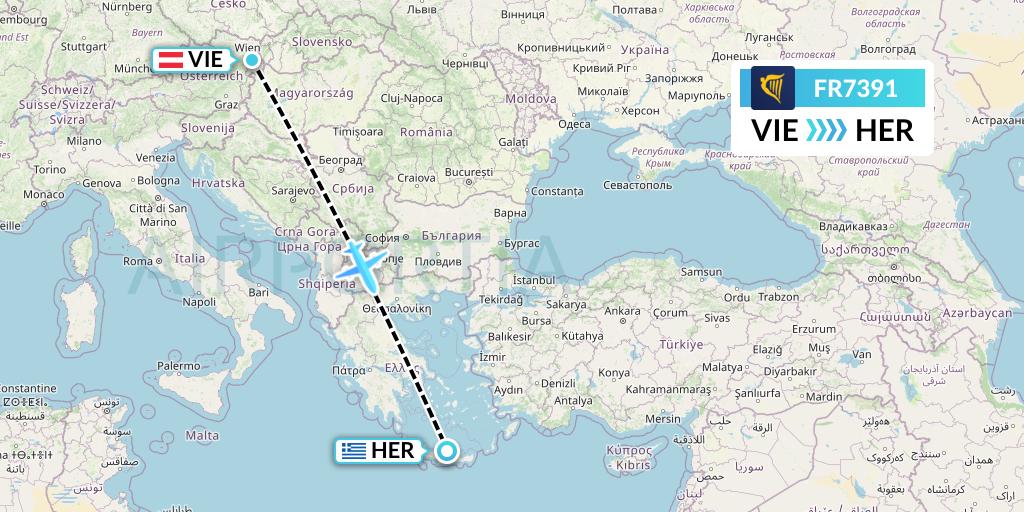 FR7391 Ryanair Flight Map: Vienna to Heraklion