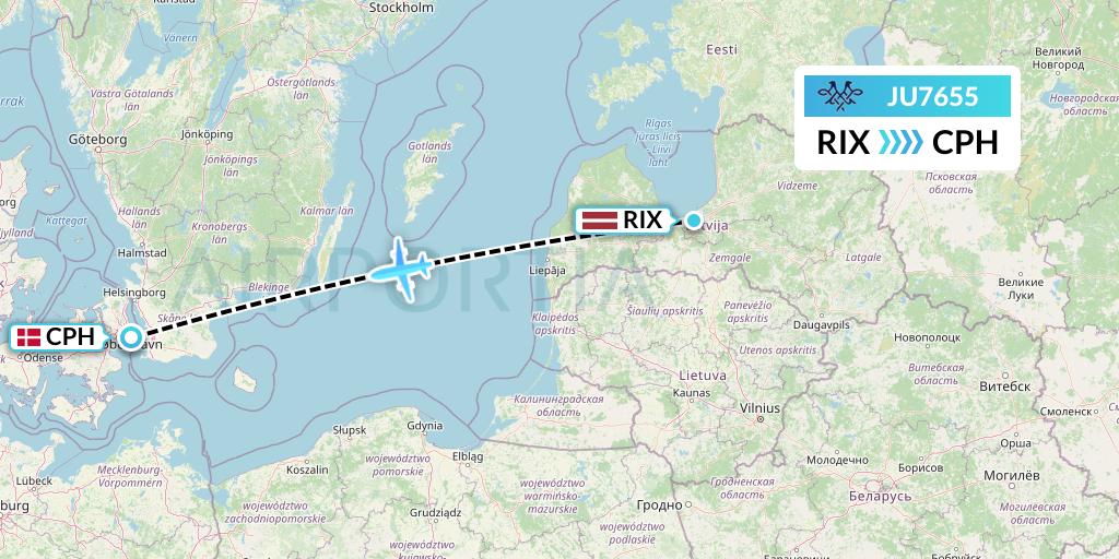 JU7655 AirSERBIA Flight Map: Riga to Copenhagen