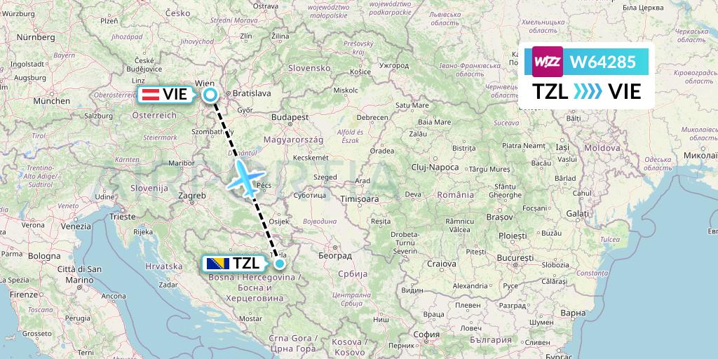 W64285 Wizz Air Flight Map: Tuzla to Vienna
