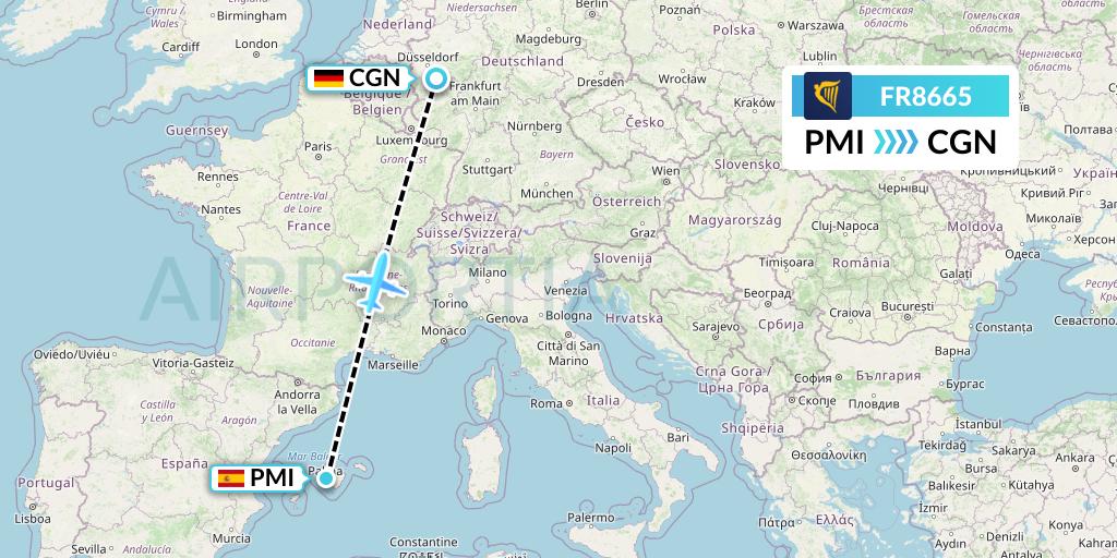 FR8665 Ryanair Flight Map: Palma de Mallorca to Cologne