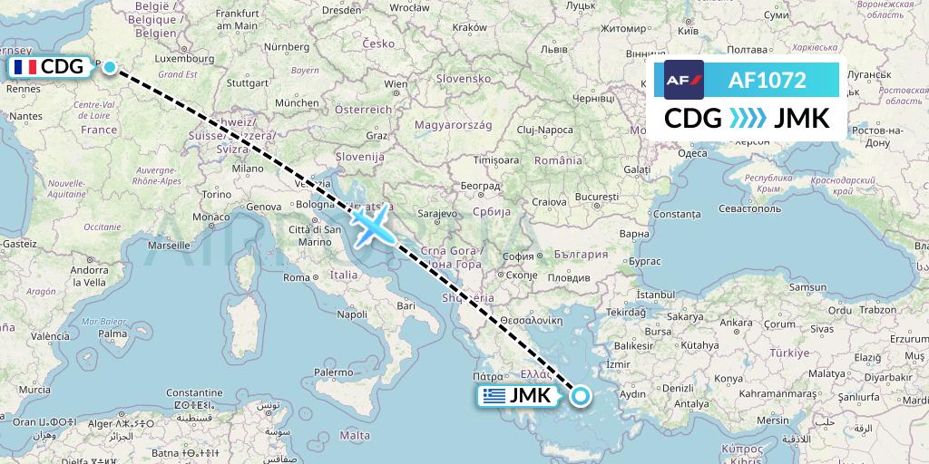 AF1072 Air France Flight Map: Paris to Mykonos